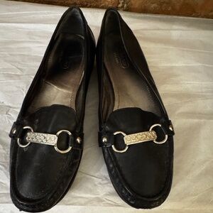 Coach Eileen Black Canvas Leather Monogram Slip On Loafers